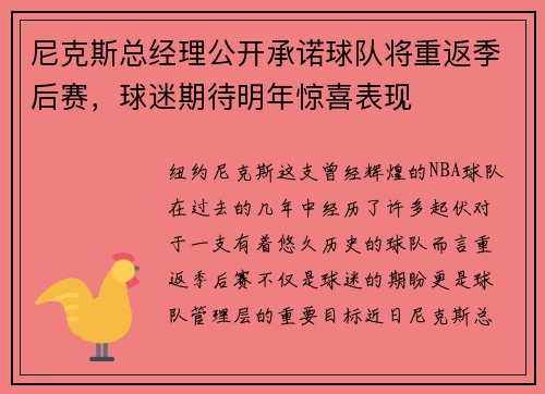 尼克斯总经理公开承诺球队将重返季后赛，球迷期待明年惊喜表现